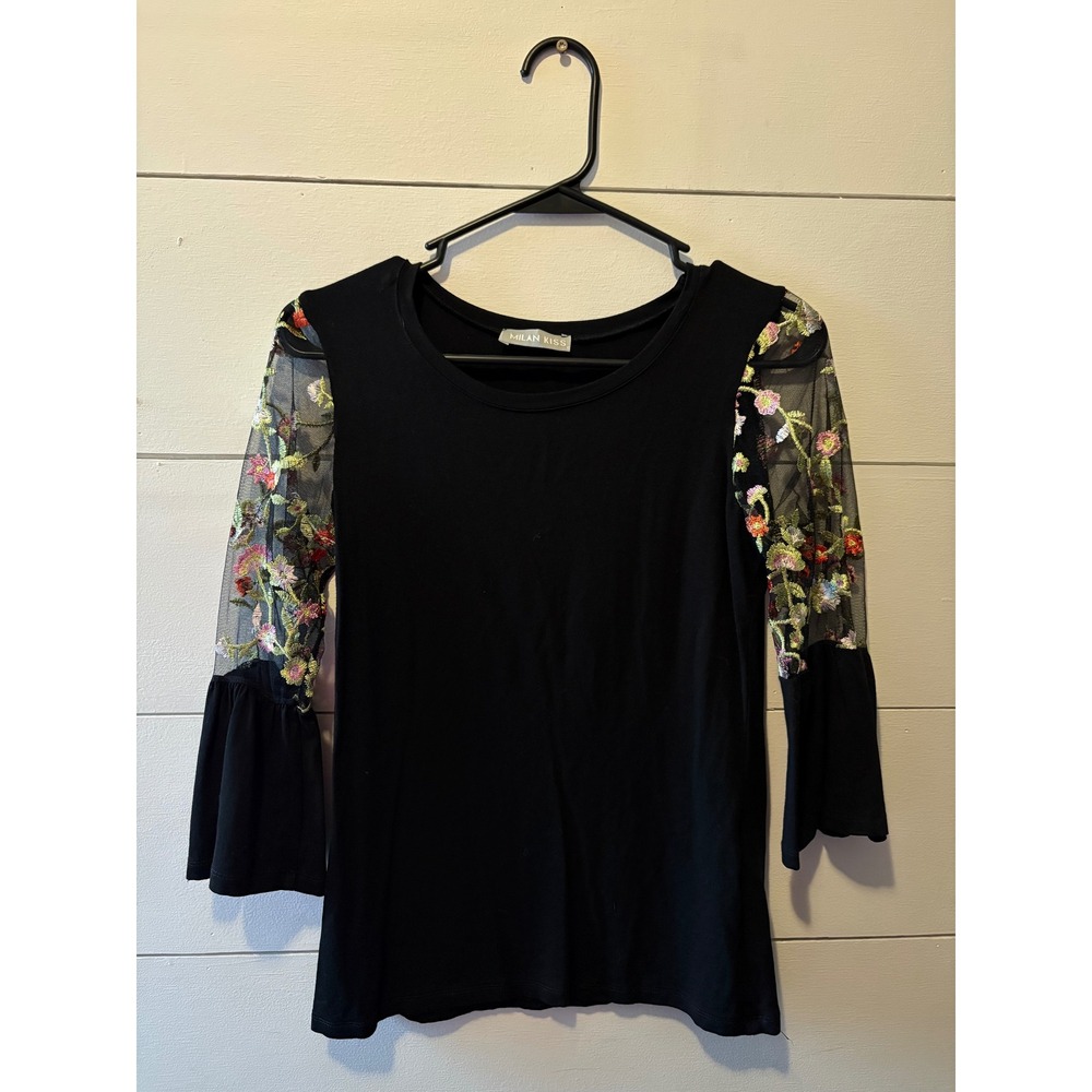 Milan Kiss Black Floral Embroidered Mesh Bell Sleeve Top Women Small Boho Blouse
